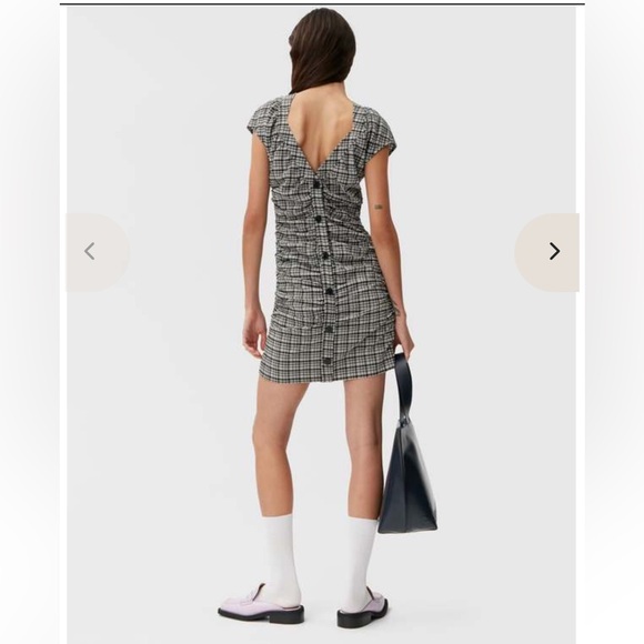 Ganni Ruched Seersucker Mini Dress In Plaid Print SZ 38/6 212 - Picture 11 of 11